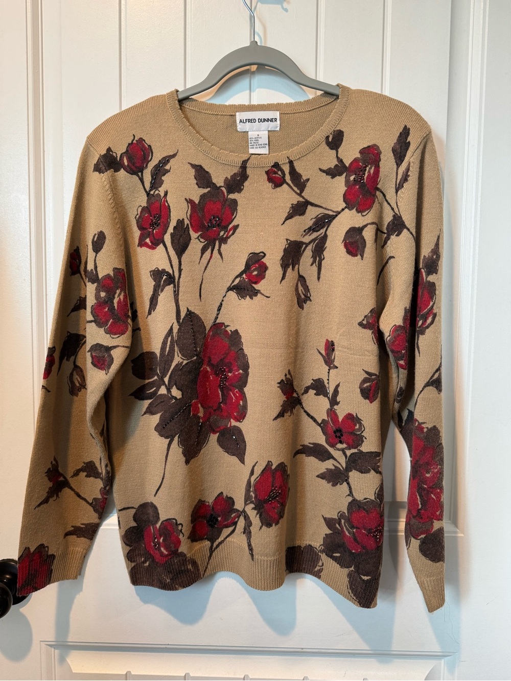 Alfred Dunner Tan Crewneck Sweater with Red Floral Design Small